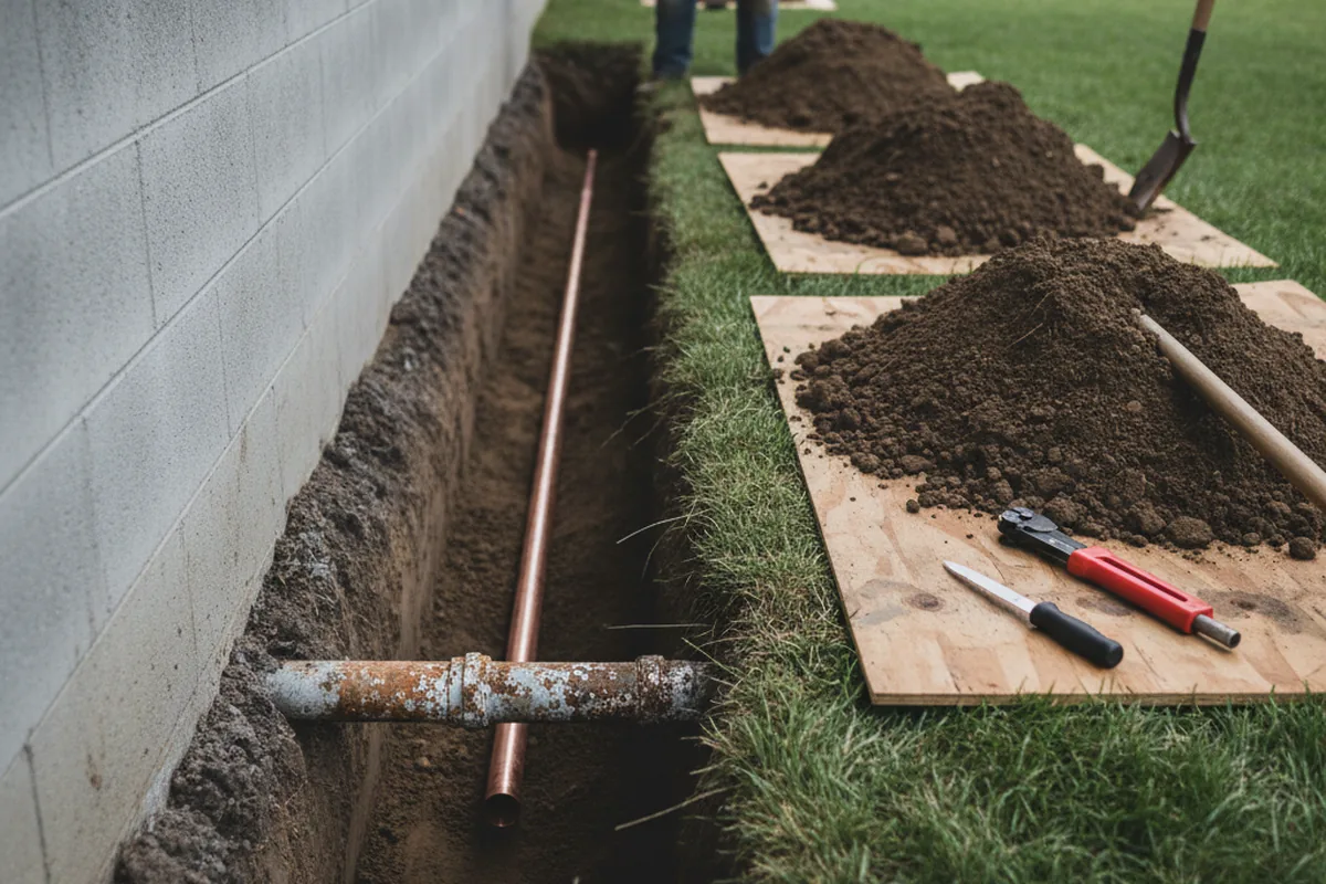 Excavated water line trench during Sewer Line Repair in Springdale